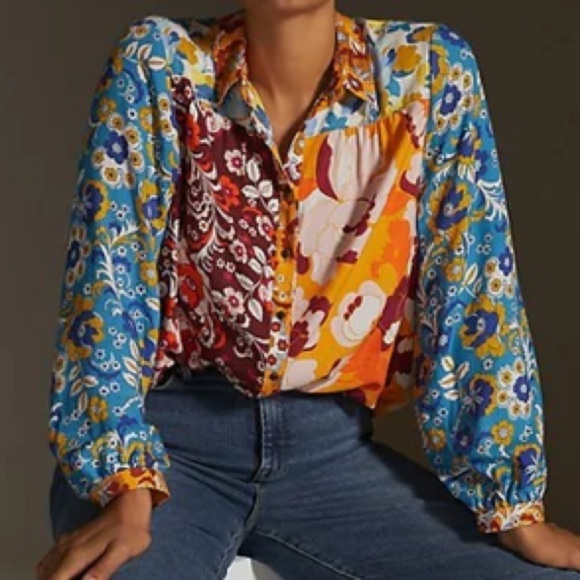Maeve Anthropologie Contrast Print Buttondown Long Sleeve Blouse NWT size XXS - Picture 1 of 14